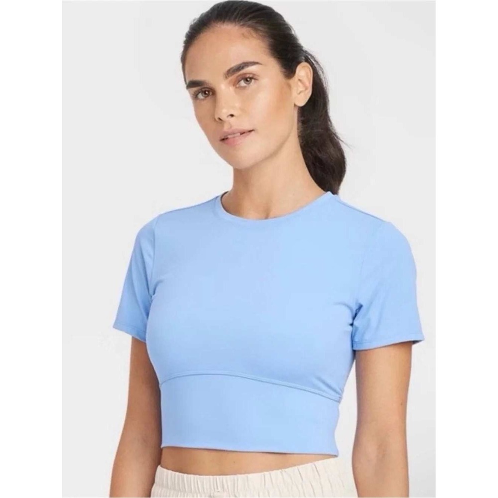 JoyLab Activewear Top Women L Sky Blue New Crossover Back Cropped Crew Neck